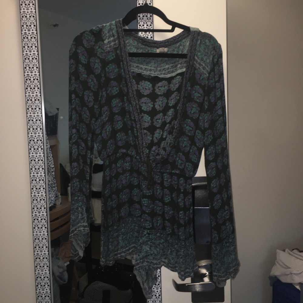 Green Patterned Long Sleeve Romper